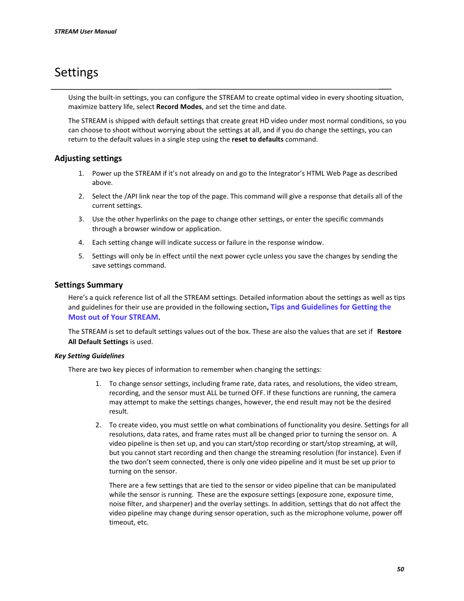 Settings | V.I.O. Stream User Manual | Page 50 / 77