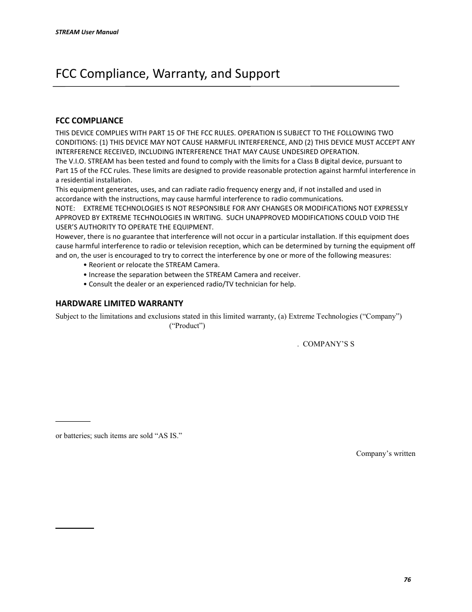 Fcc compliance, warranty, and support | V.I.O. Stream User Manual | Page 76 / 77