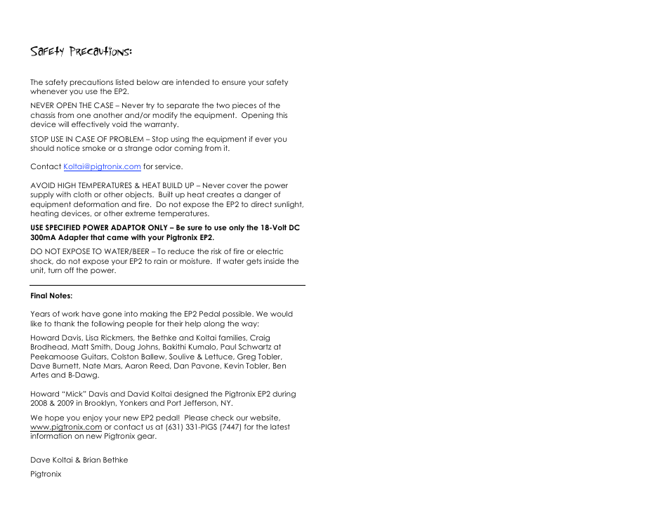Safety precautions | Pigtronix Envelope Phaser II User Manual | Page 10 / 10