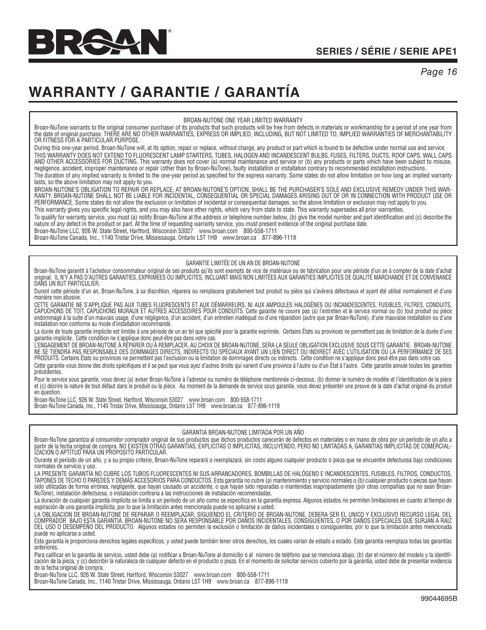 Warranty / garantie, Garantía, Series / série / serie ape1 page 16 | Broan APE1 User Manual | Page 16 / 16