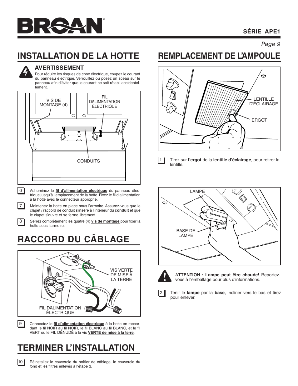 Installation de la hotte, Raccord du câblage, Terminer l’installation | Remplacement de l’ampoule, Série ape1 page 9, Avertissement | Broan APE1 User Manual | Page 9 / 16