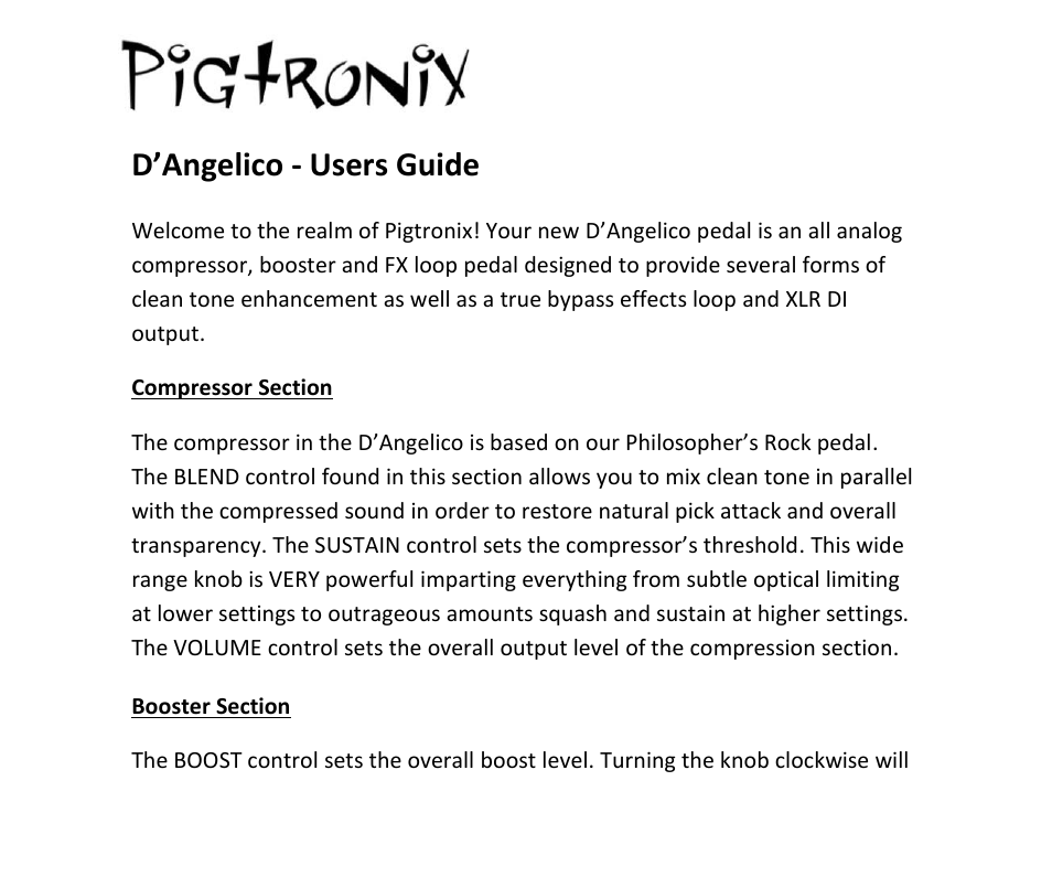 Pigtronix DAngelico User Manual | 3 pages