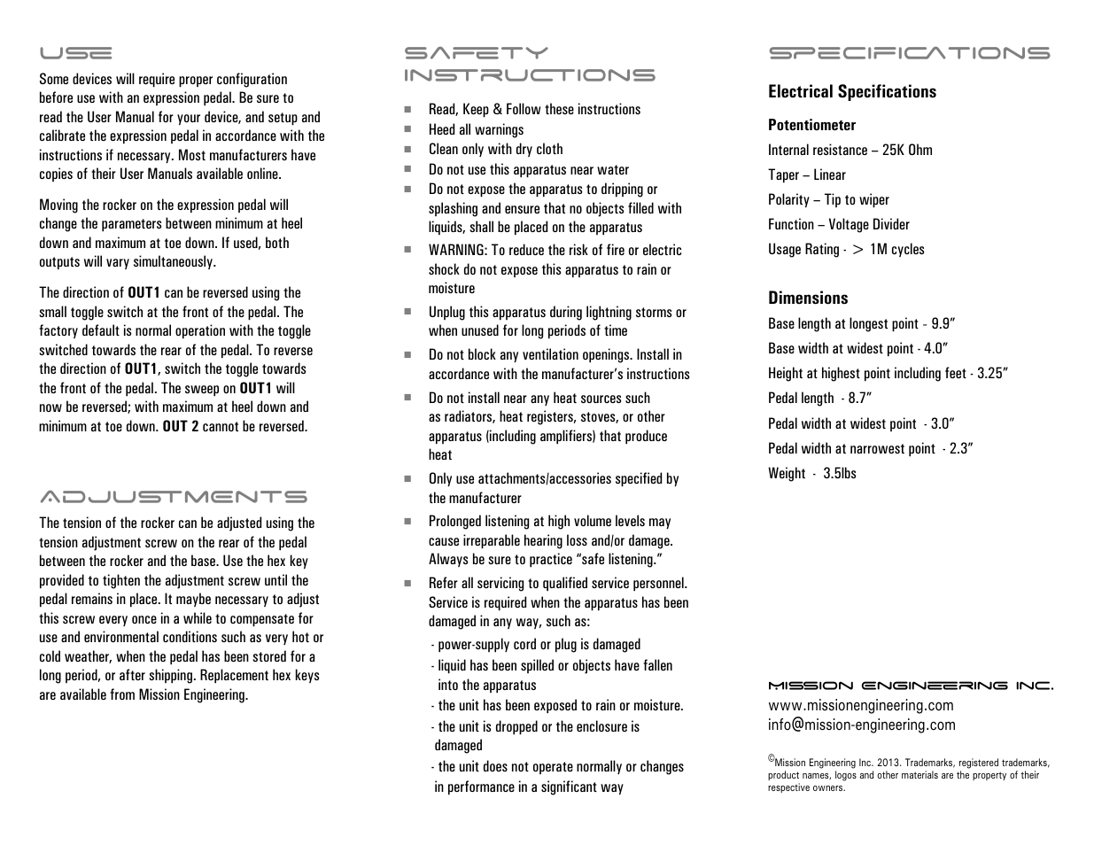 Saþ ty in ru ions, Ecifiê tions, Adju ments | Pigtronix Dual Expression pedal User Manual | Page 2 / 2