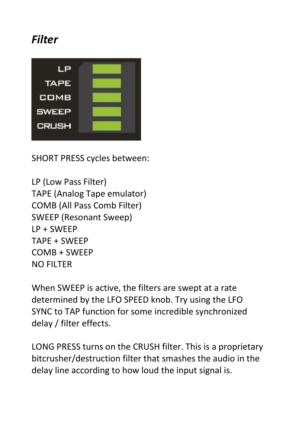 Filter | Pigtronix Echolution-2 Deluxe User Manual | Page 10 / 24