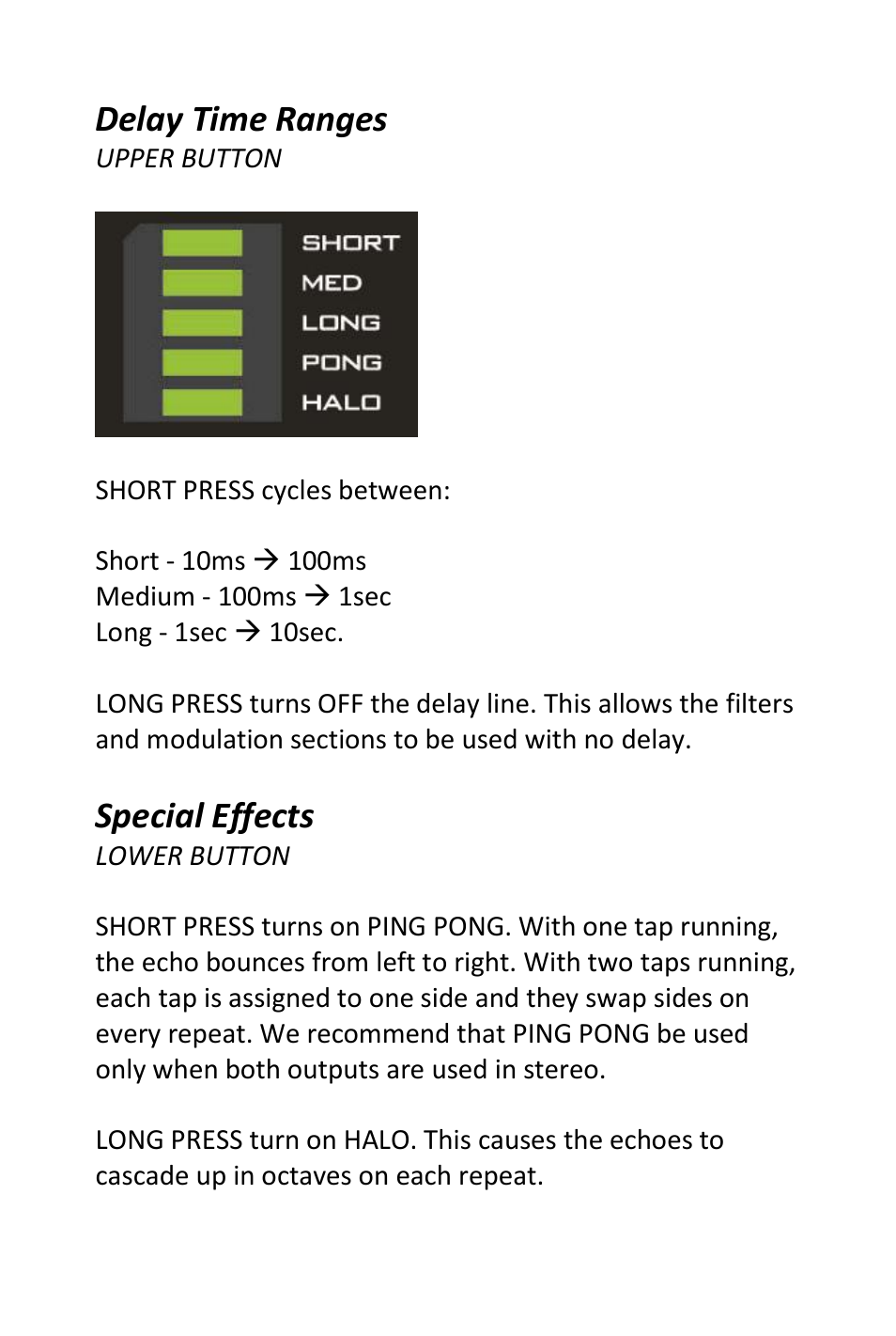 Delay time ranges, Special effects | Pigtronix Echolution-2 Deluxe User Manual | Page 15 / 24