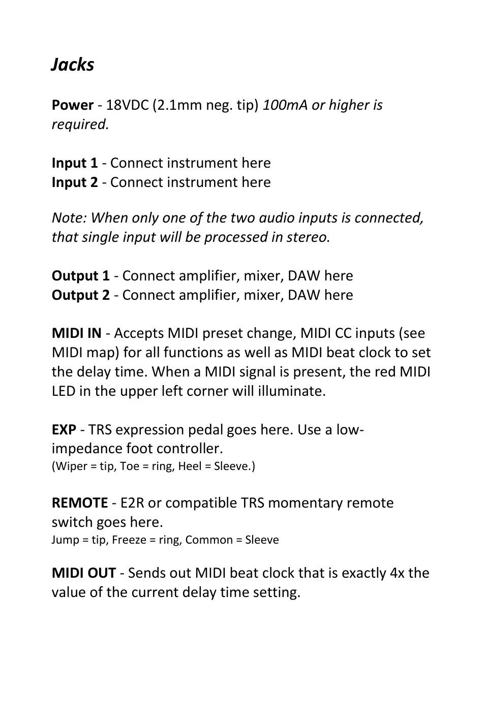 Jacks | Pigtronix Echolution-2 Deluxe User Manual | Page 4 / 24