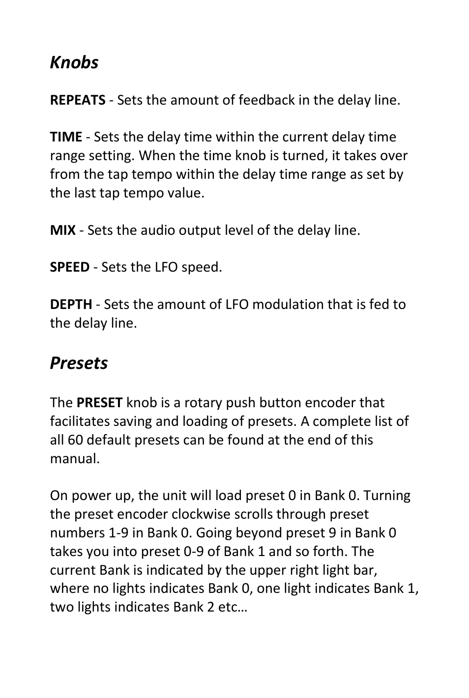 Knobs, Presets | Pigtronix Echolution-2 Deluxe User Manual | Page 6 / 24