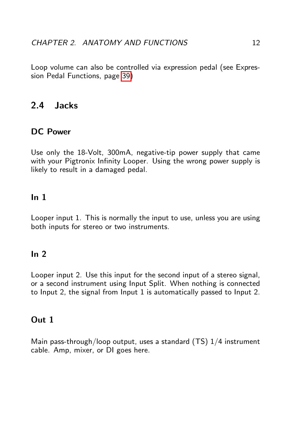 Jacks, Dc power, In 1 | In 2, Out 1, Out 2, Aux out, Undo, Expression, Midi in | Pigtronix Infinity Looper User Manual | Page 13 / 51