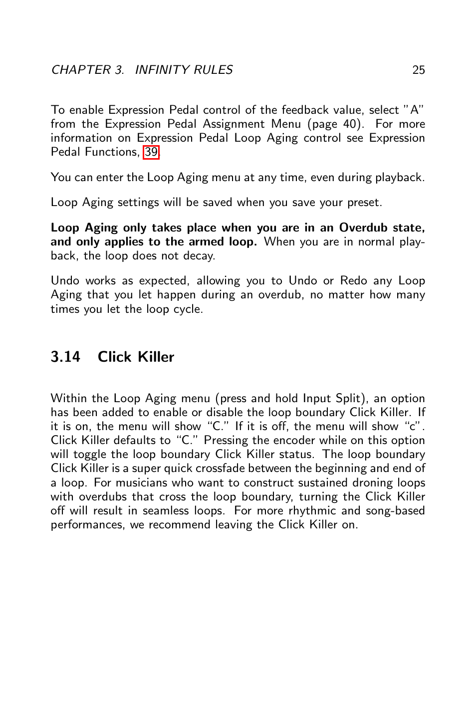 Click killer, Varispeed, 14 click killer | 15 varispeed | Pigtronix Infinity Looper User Manual | Page 26 / 51