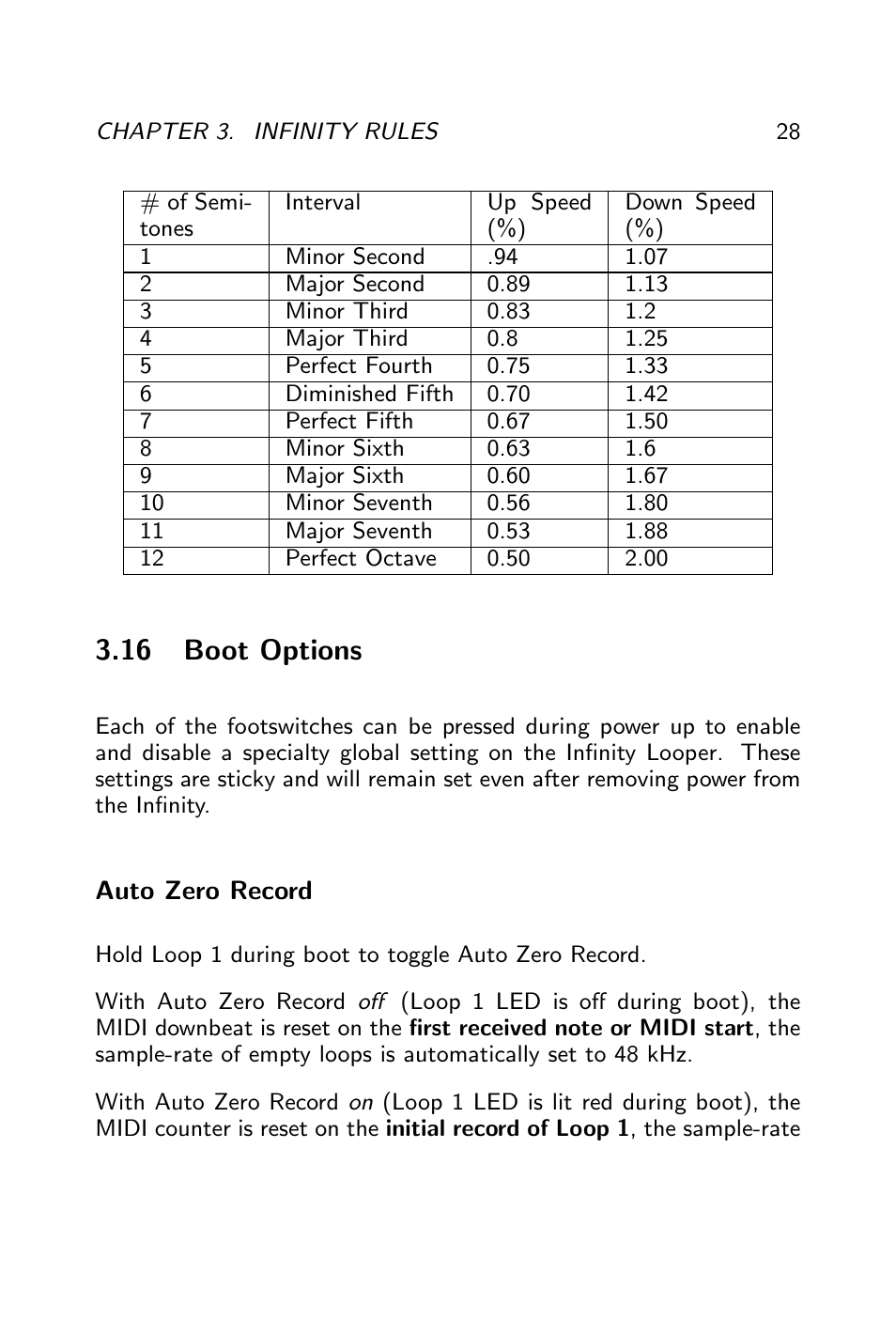 Boot options, Auto zero record, Mono mixdown | Stutter, Reformat, 16 boot options | Pigtronix Infinity Looper User Manual | Page 29 / 51