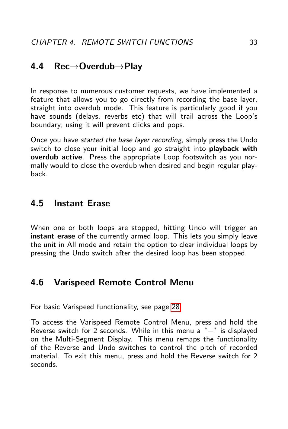 Recxplay, Instant erase, Varispeed remote control menu | Rec→overdub→play | Pigtronix Infinity Looper User Manual | Page 34 / 51