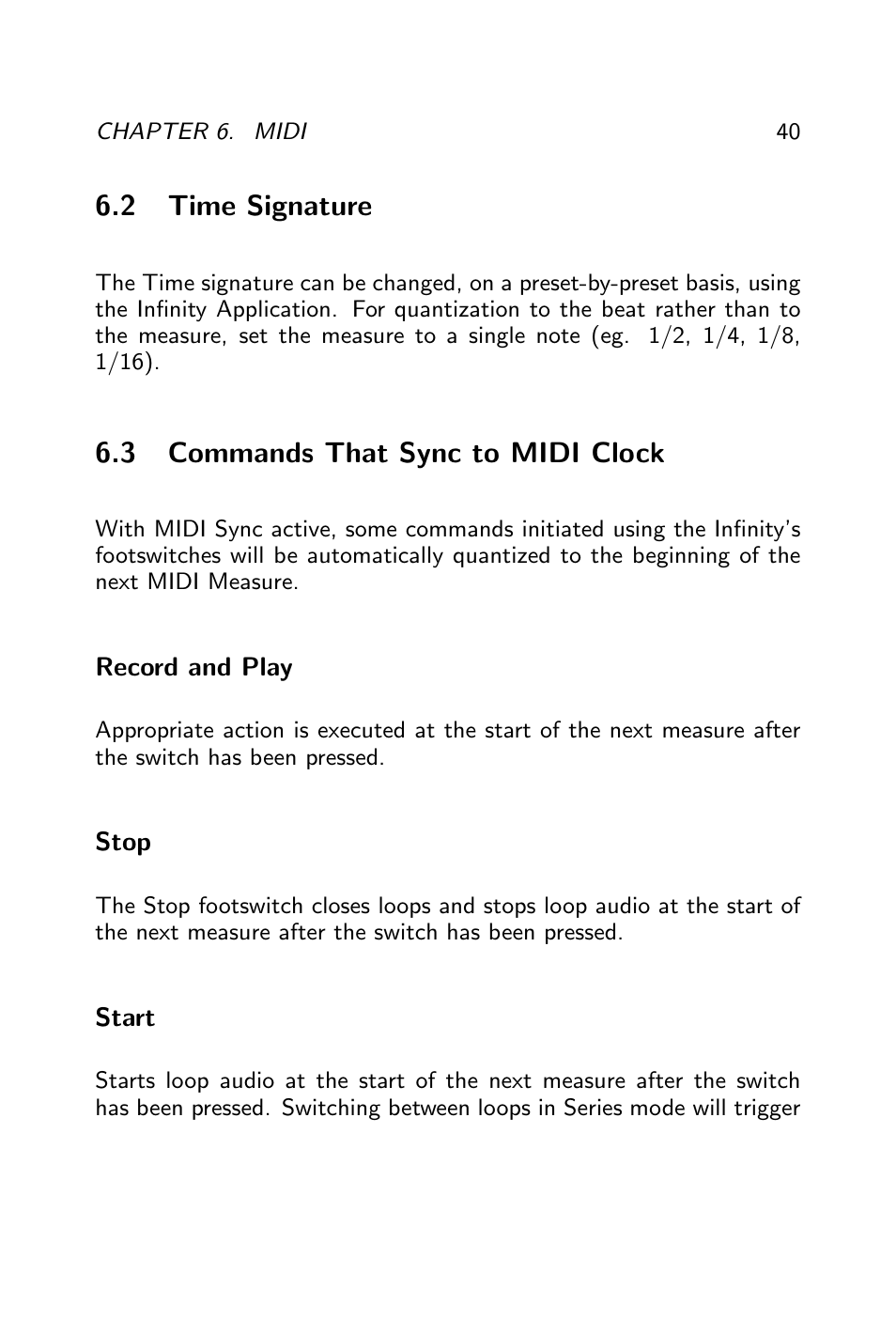 Commands that sync to midi clock, Record and play, Stop | Start, Overdub | Pigtronix Infinity Looper User Manual | Page 41 / 51