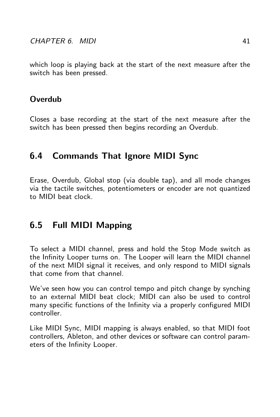 Commands that ignore midi sync, Full midi mapping | Pigtronix Infinity Looper User Manual | Page 42 / 51