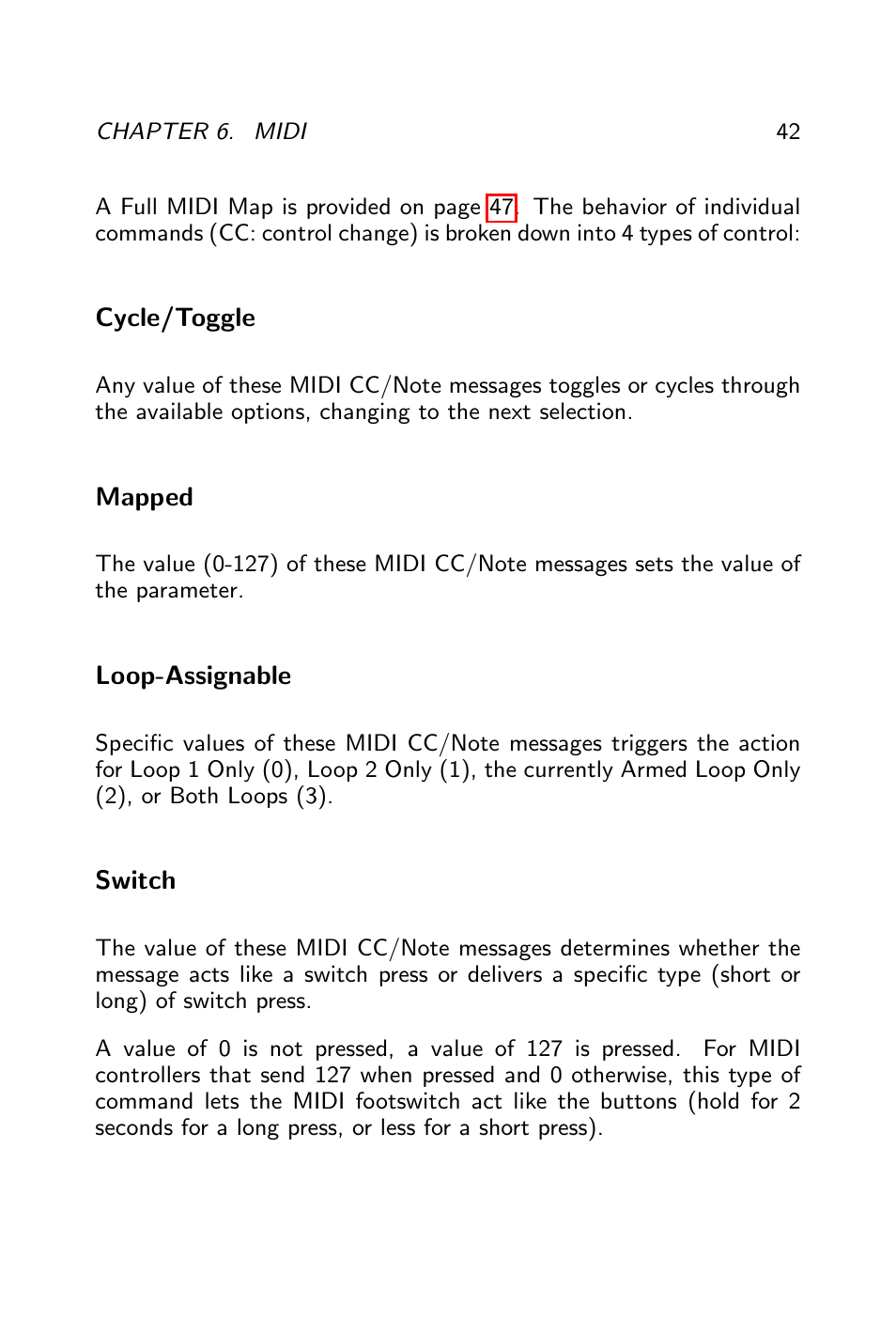 Cycle/toggle, Mapped, Loop-assignable | Switch, Midi real-time messages, Varispeed midi note control | Pigtronix Infinity Looper User Manual | Page 43 / 51