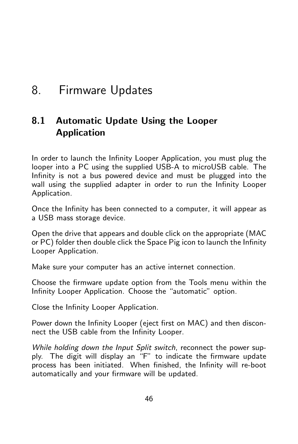 Firmware updates, Automatic update using the looper application | Pigtronix Infinity Looper User Manual | Page 47 / 51