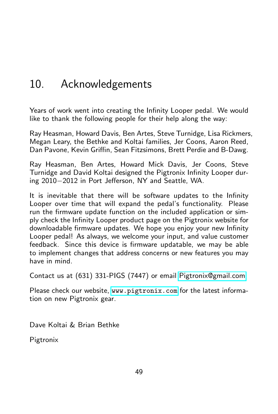 Acknowledgements, 10 acknowledgements | Pigtronix Infinity Looper User Manual | Page 50 / 51