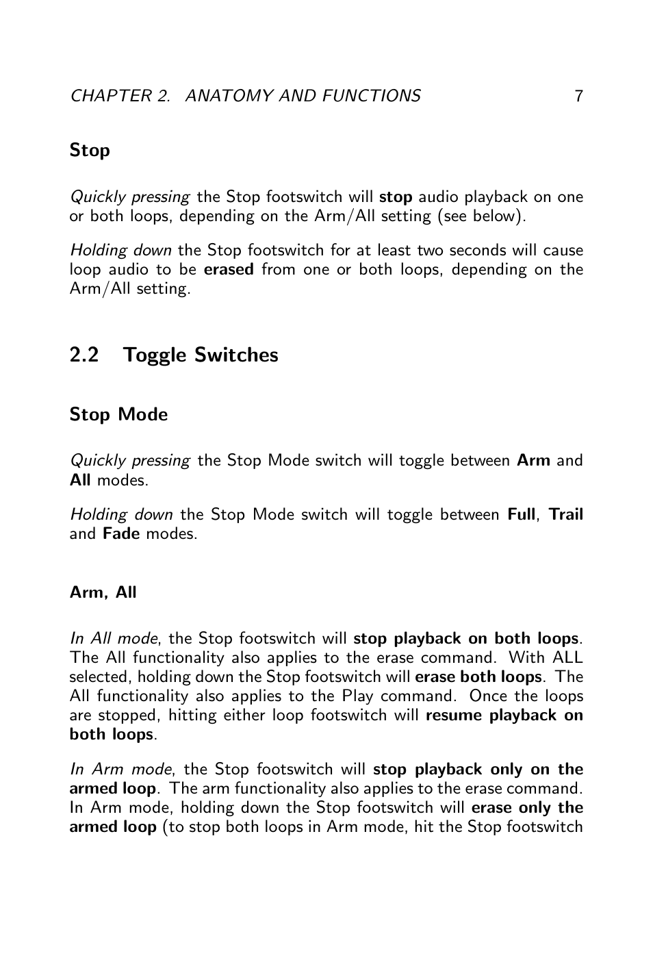 Toggle switches, Stop mode, Arm, all | Full, trail, fade, Input split, Series loops, Sync multi, 2 toggle switches | Pigtronix Infinity Looper User Manual | Page 8 / 51