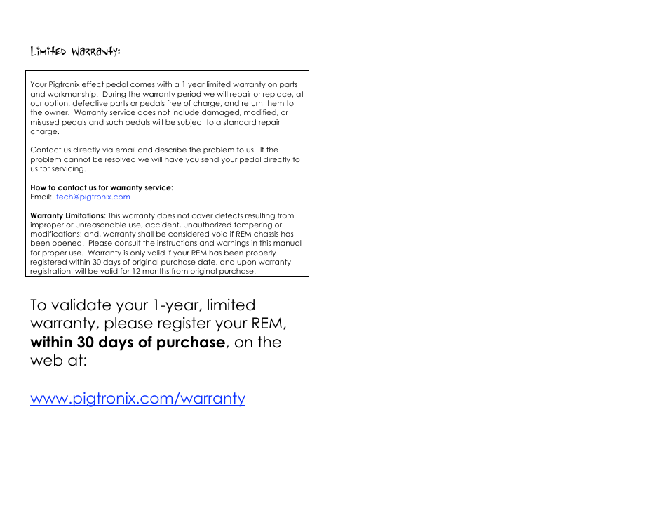 Limited warranty | Pigtronix Keymaster User Manual | Page 6 / 7