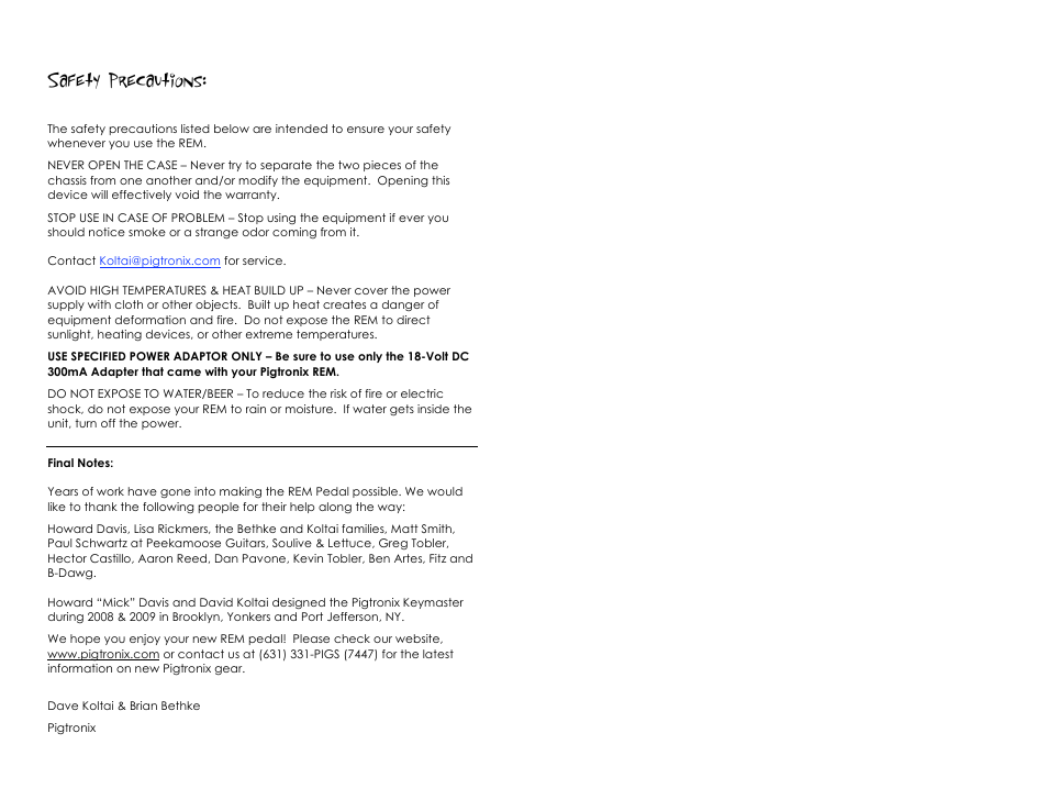 Safety precautions | Pigtronix Keymaster User Manual | Page 7 / 7