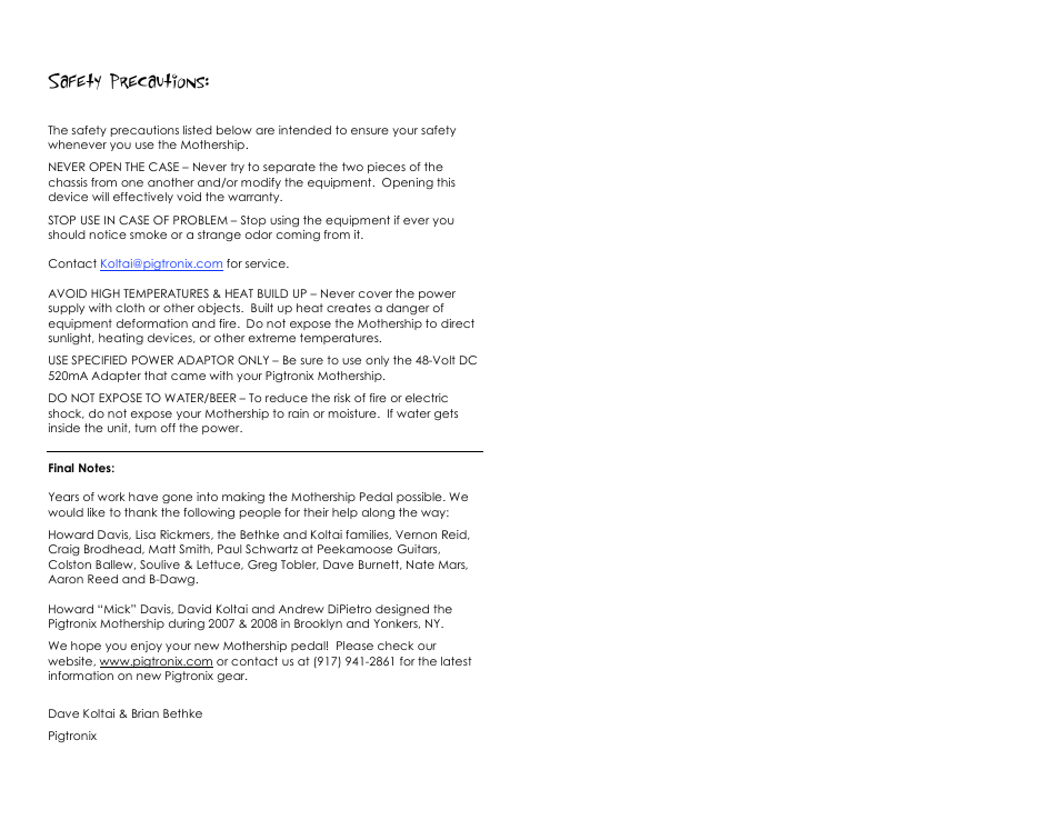 Safety precautions | Pigtronix Mothership Analog Synthesizer User Manual | Page 11 / 11