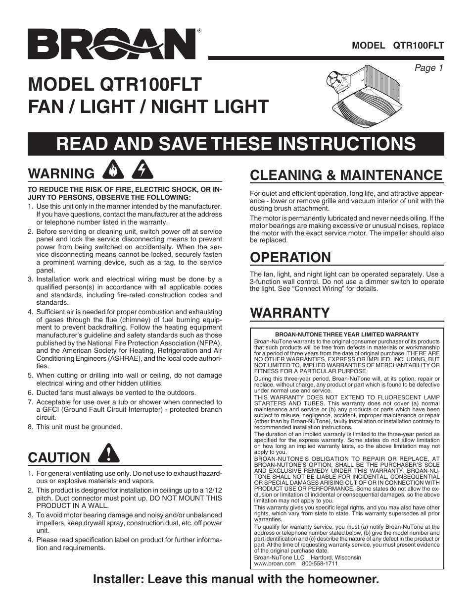 Broan QTR100FLT User Manual | 8 pages