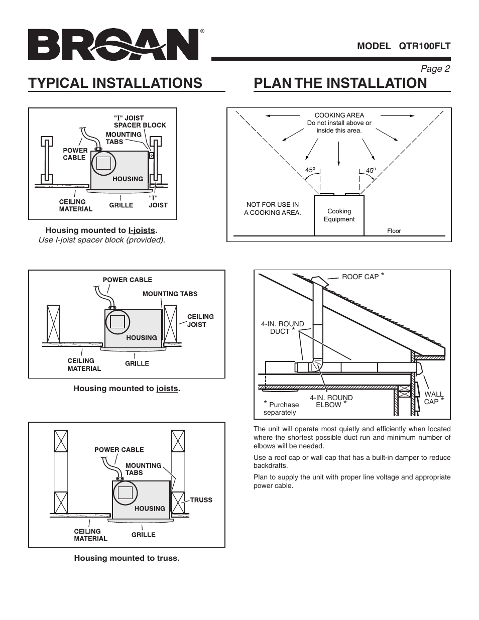 Typical installations, Plan the installation | Broan QTR100FLT User Manual | Page 2 / 8