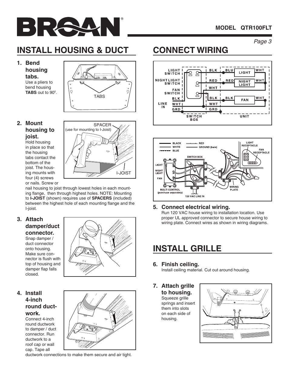 Connect wiring, Install housing & duct, Install grille | Broan QTR100FLT User Manual | Page 3 / 8