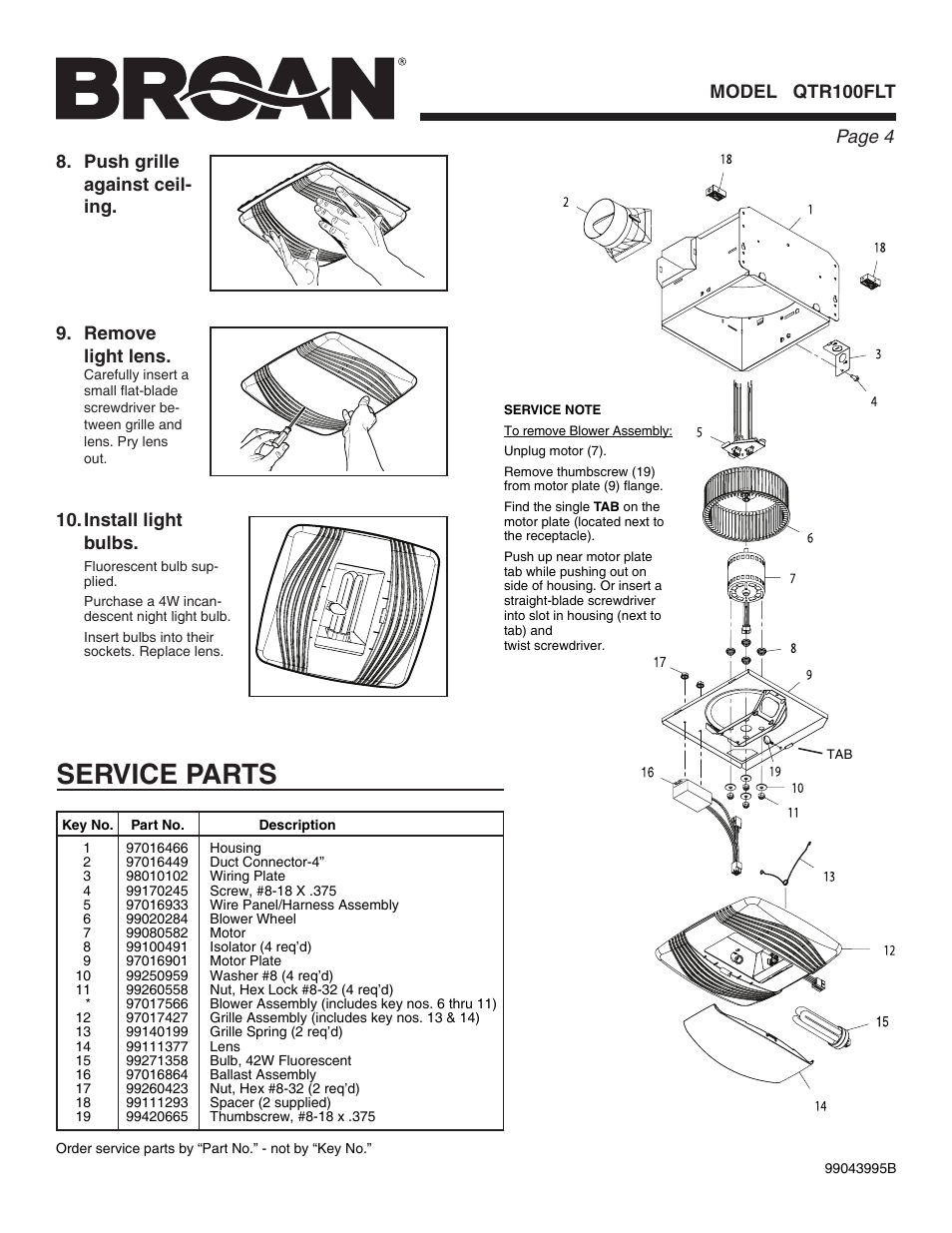 Service parts, Page  model qtr100flt, Remove light lens | Broan QTR100FLT User Manual | Page 4 / 8