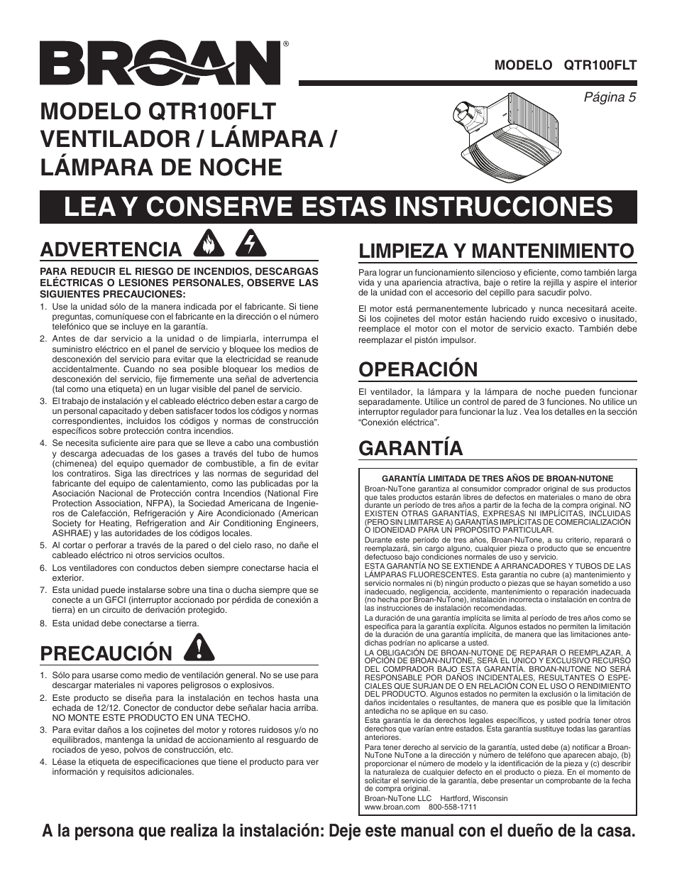 Lea y conserve estas instrucciones, Advertencia, Precaución | Limpieza y mantenimiento garantía, Operación, Página  modelo qtr100flt | Broan QTR100FLT User Manual | Page 5 / 8