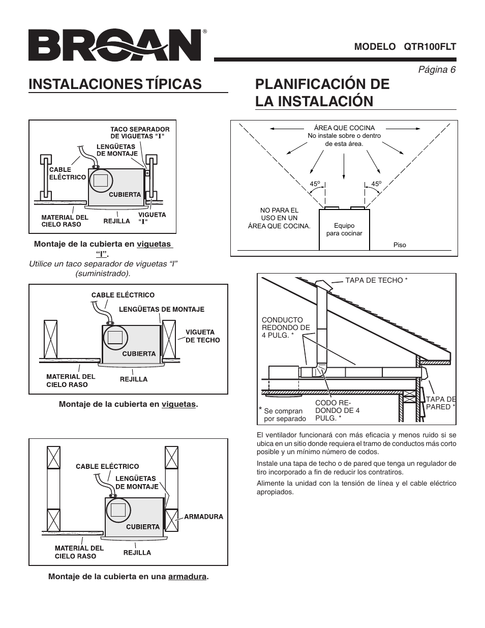 Instalaciones típicas, Planificación de la instalación, Página  modelo qtr100flt | Broan QTR100FLT User Manual | Page 6 / 8