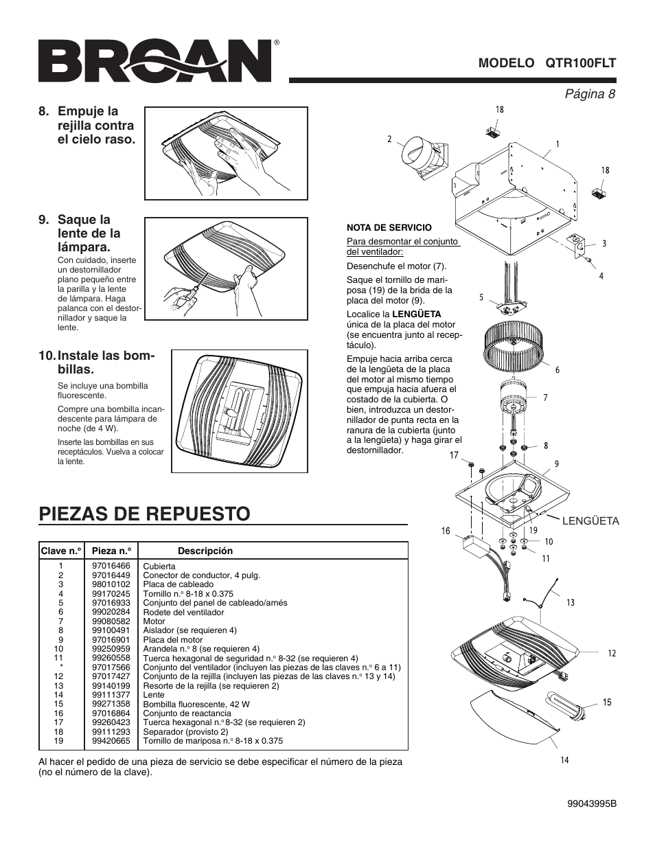Piezas de repuesto, Página  modelo qtr100flt, Saque la lente de la lámpara | Broan QTR100FLT User Manual | Page 8 / 8