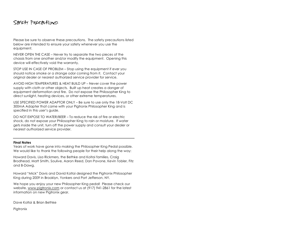 Safety precautions | Pigtronix Philosopher King User Manual | Page 10 / 10