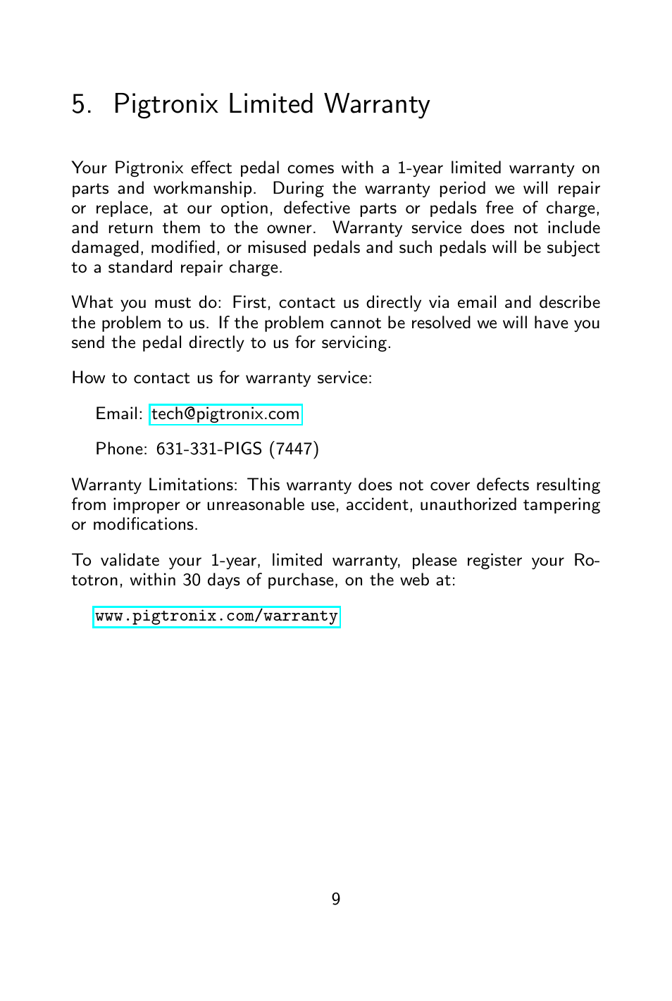 Pigtronix limited warranty | Pigtronix Rototron User Manual | Page 10 / 12