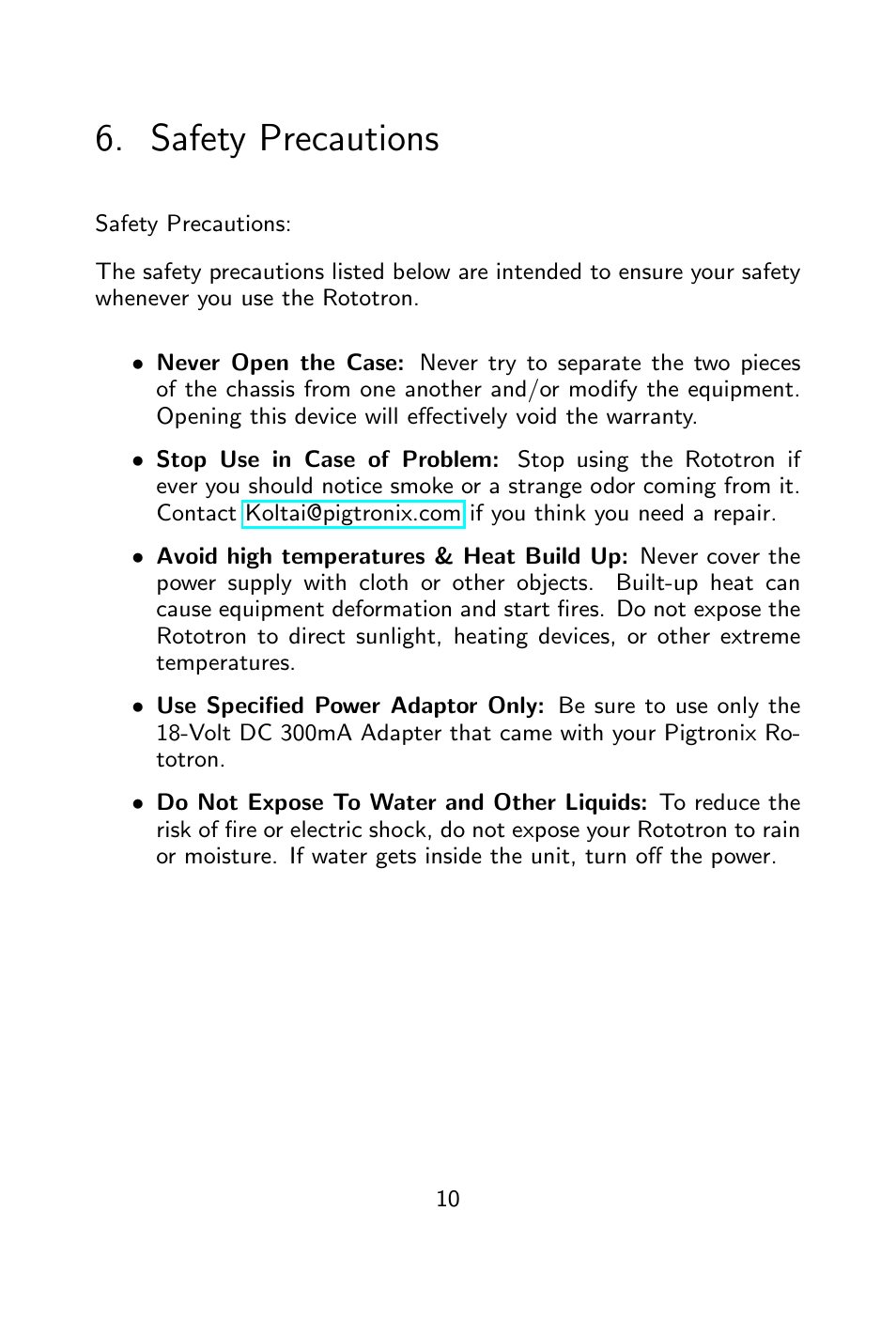 Safety precautions | Pigtronix Rototron User Manual | Page 11 / 12