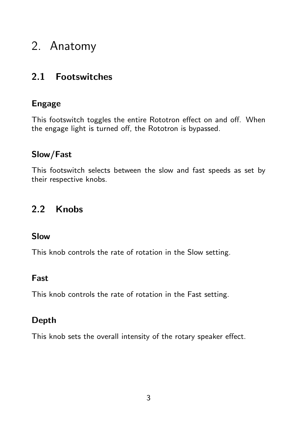 Anatomy, Footswitches, Knobs | Pigtronix Rototron User Manual | Page 4 / 12