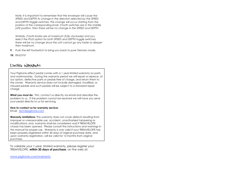 Limited warranty | Pigtronix Tremvelope User Manual | Page 7 / 8