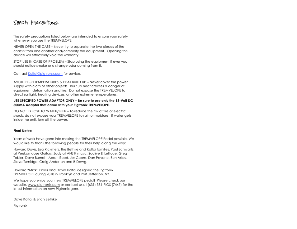 Safety precautions | Pigtronix Tremvelope User Manual | Page 8 / 8