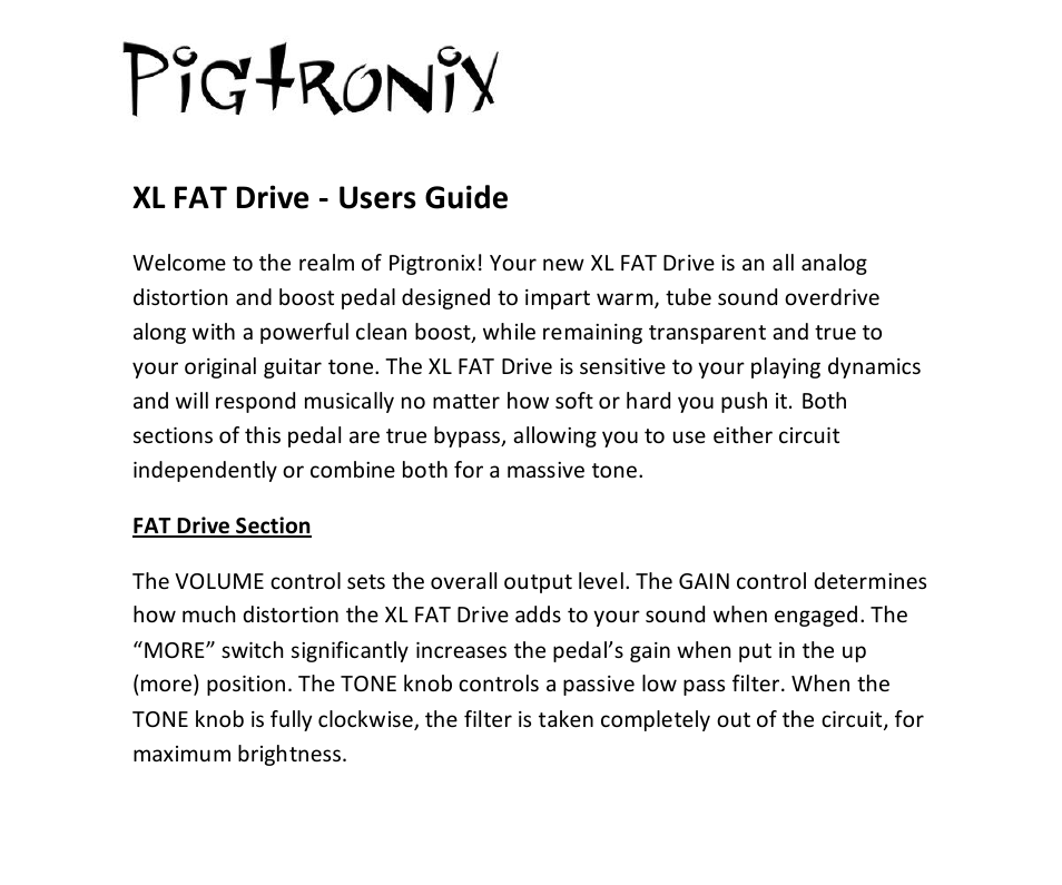 Pigtronix XL FAT Drive User Manual | 3 pages