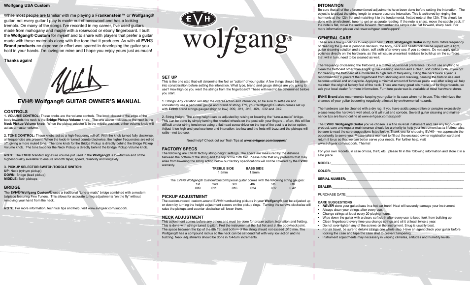 EVH Wolfgang USA Custom User Manual | 2 pages