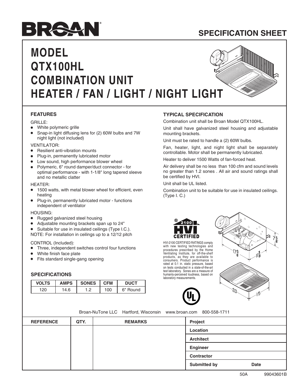 Broan QTX100HL User Manual | 1 page