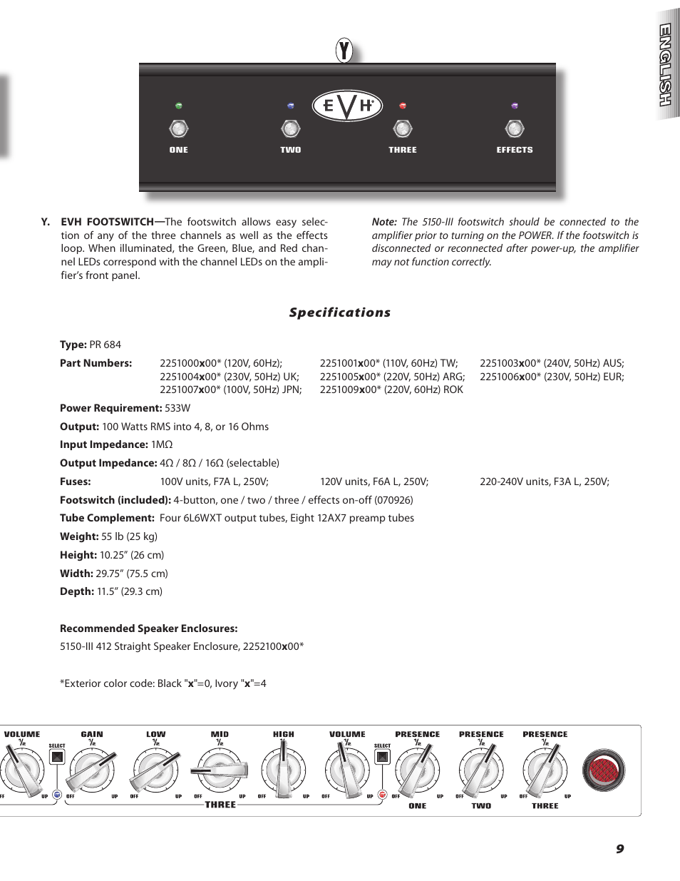 Specifications | EVH 5150III Amp Head User Manual | Page 9 / 36