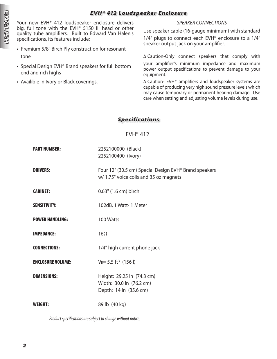 EVH 5150III 412 Speaker Enclosure User Manual | Page 2 / 10