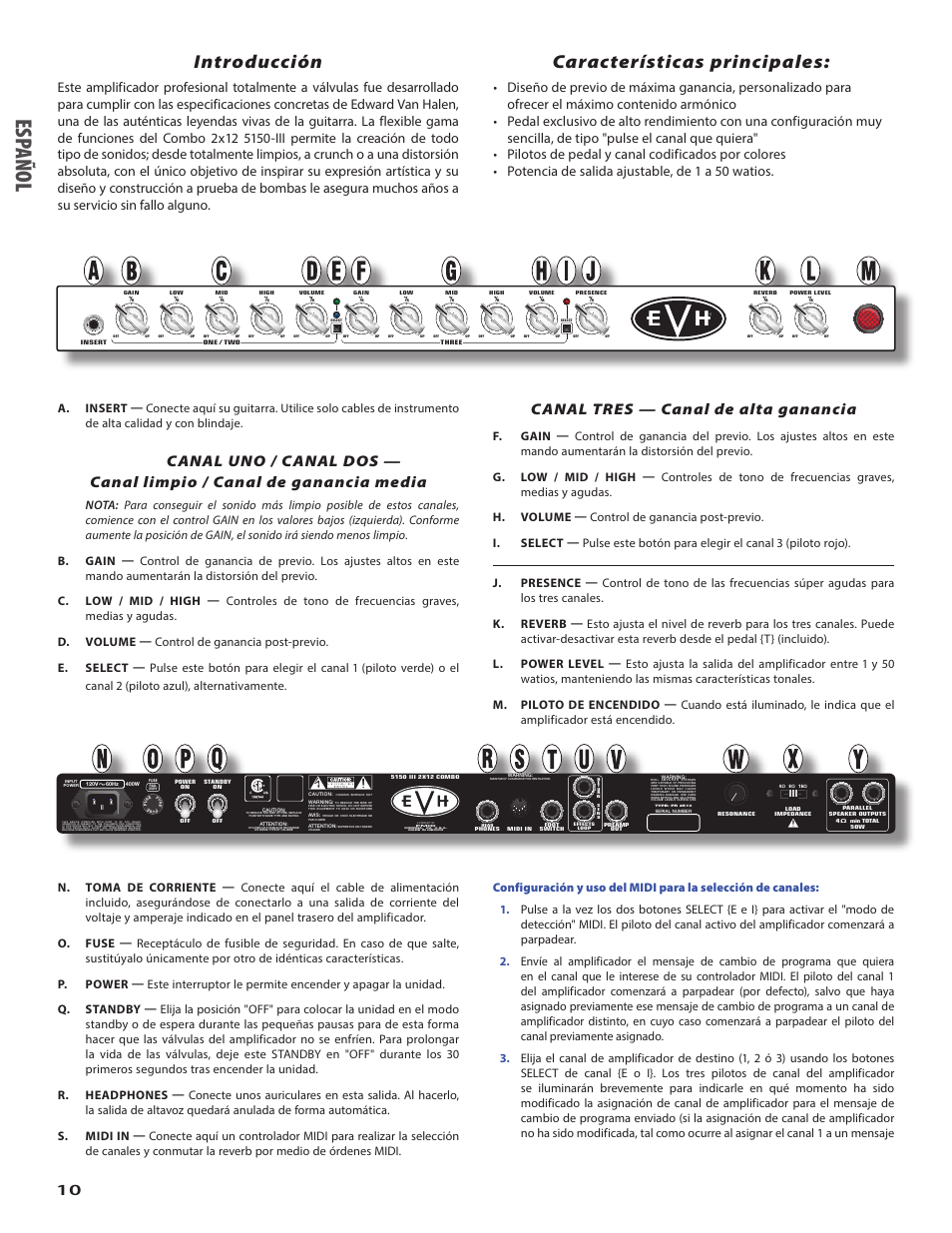 Espa ño l, Introducción, Características principales | Canal tres — canal de alta ganancia | EVH 5150III 2x12 Combo Amplifier User Manual | Page 10 / 30