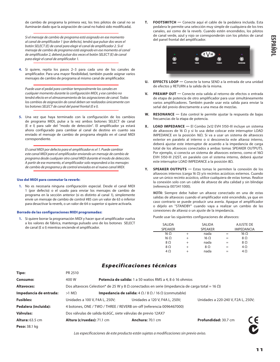 Espa ño l, Especificaciones técnicas | EVH 5150III 2x12 Combo Amplifier User Manual | Page 11 / 30