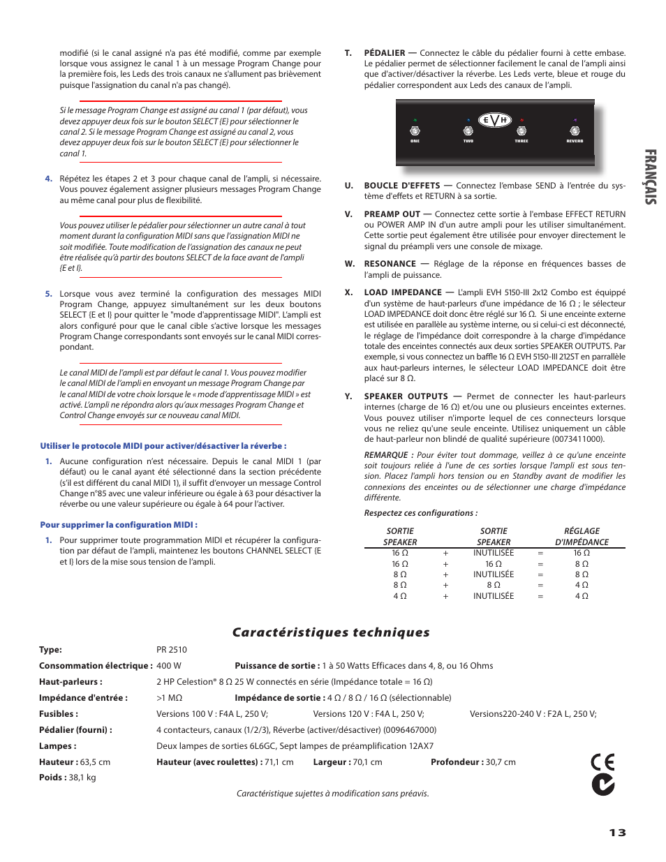 Fr an çai s, Caractéristiques techniques | EVH 5150III 2x12 Combo Amplifier User Manual | Page 13 / 30