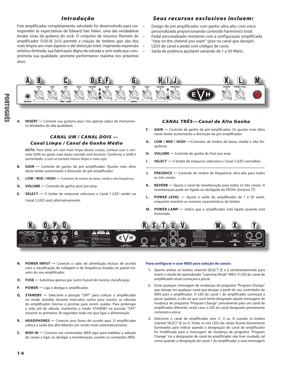 Po rtu guê s, Introdução, Seus recursos exclusivos incluem | Canal três—canal de alto ganho | EVH 5150III 2x12 Combo Amplifier User Manual | Page 14 / 30