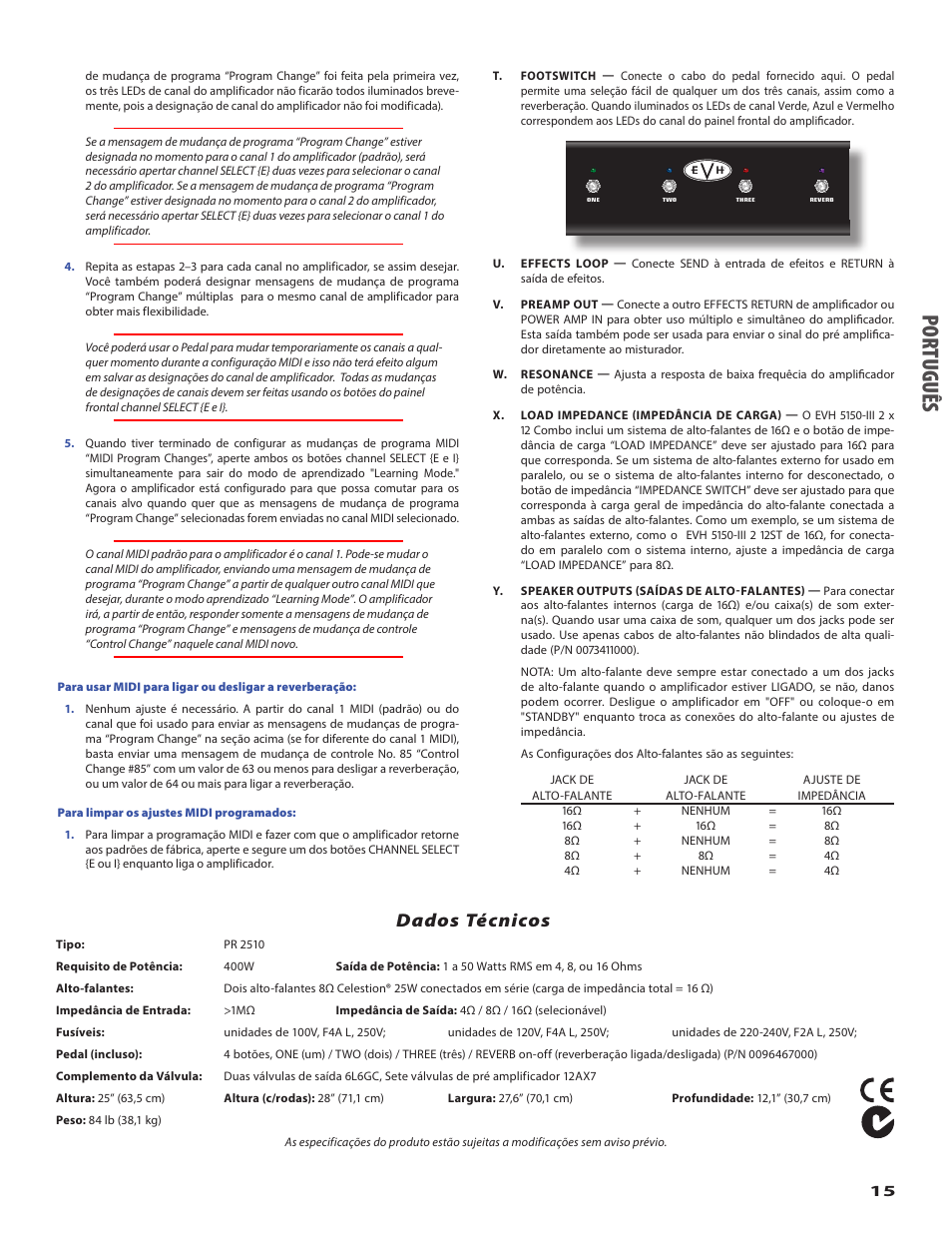Po rtu guê s, Dados técnicos | EVH 5150III 2x12 Combo Amplifier User Manual | Page 15 / 30