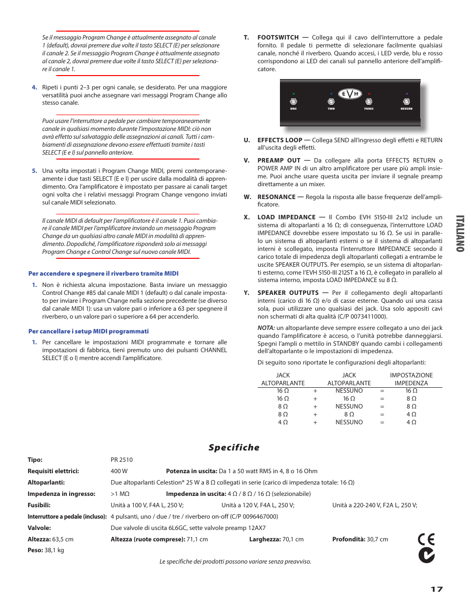 It al ian o, Specifiche | EVH 5150III 2x12 Combo Amplifier User Manual | Page 17 / 30