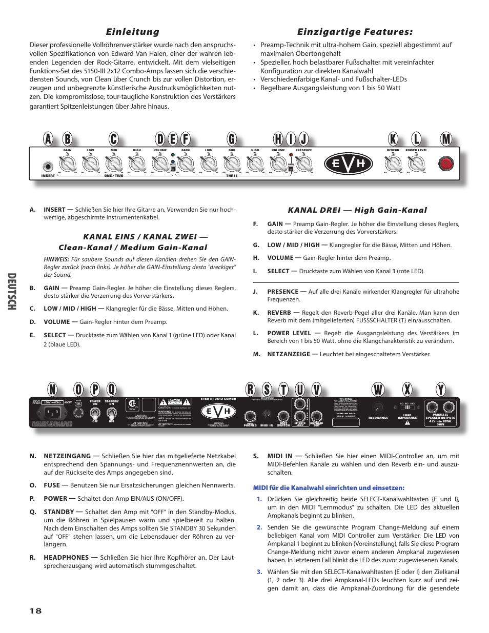 Deu ts ch, Einleitung, Einzigartige features | Kanal drei — high gain-kanal | EVH 5150III 2x12 Combo Amplifier User Manual | Page 18 / 30