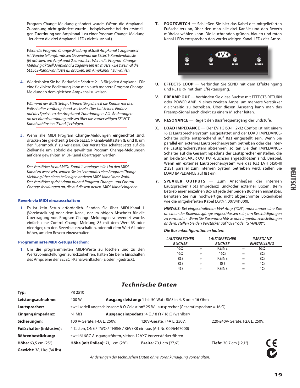 Deu ts ch, Technische daten | EVH 5150III 2x12 Combo Amplifier User Manual | Page 19 / 30